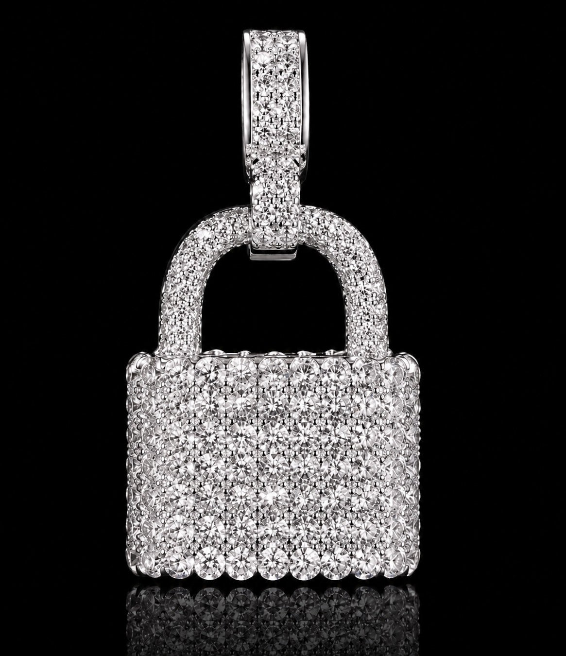 Petey's jewelry iced-out lock pendant featuring VVS moissanite stones set in gold-plated 925 sterling silver