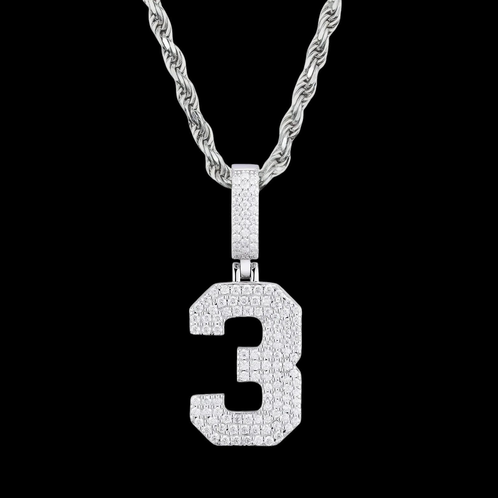 Petey's jewelry iced out number 3 pendant necklace in 925 sterling silver with sparkling moissanite stones