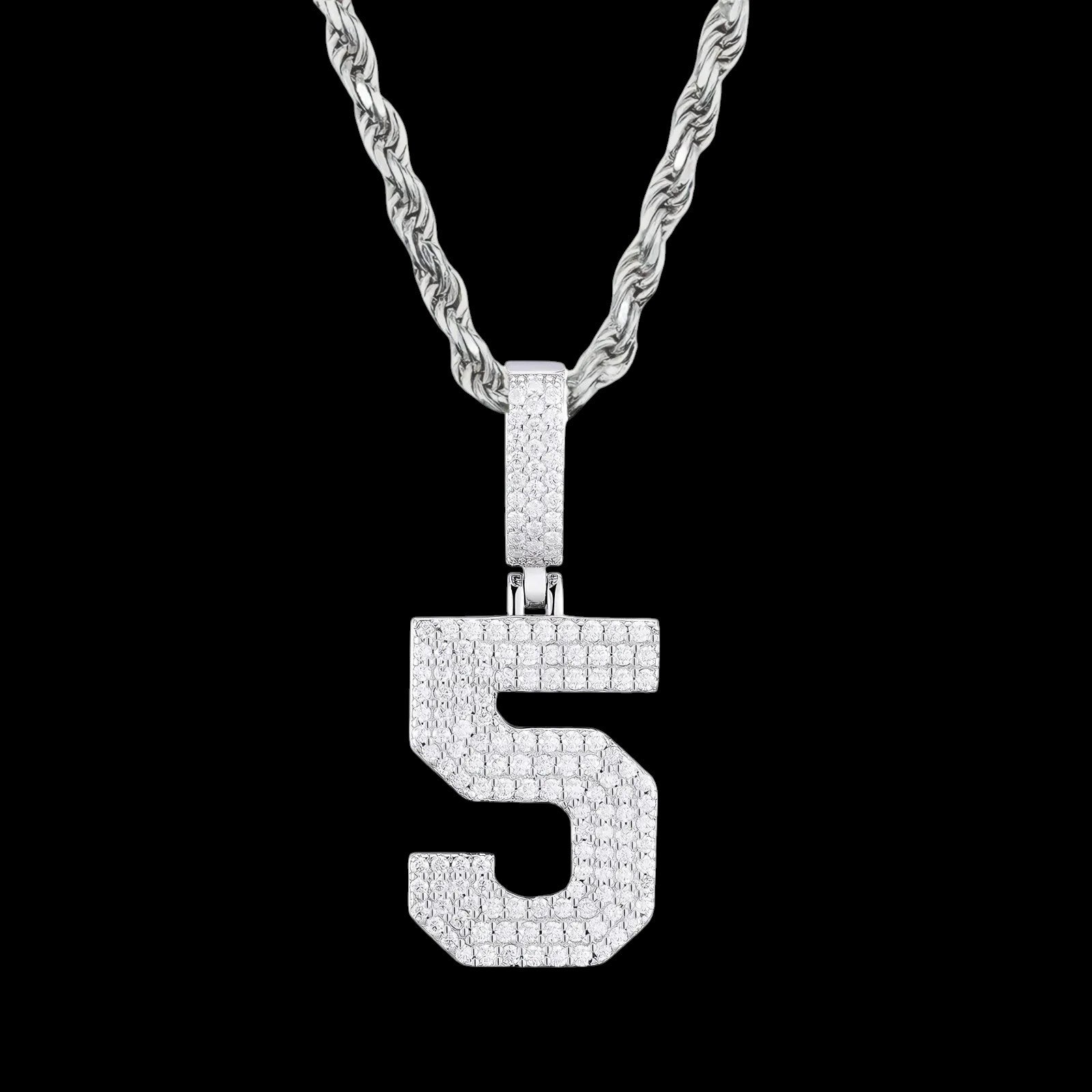 Petey's jewelry iced out number 5 pendant necklace in 925 sterling silver with sparkling moissanite stones