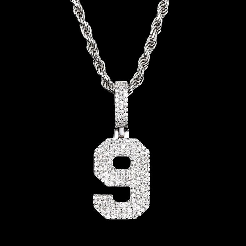 Petey's jewelry iced out number 9 pendant necklace in 925 sterling silver with sparkling moissanite stones.