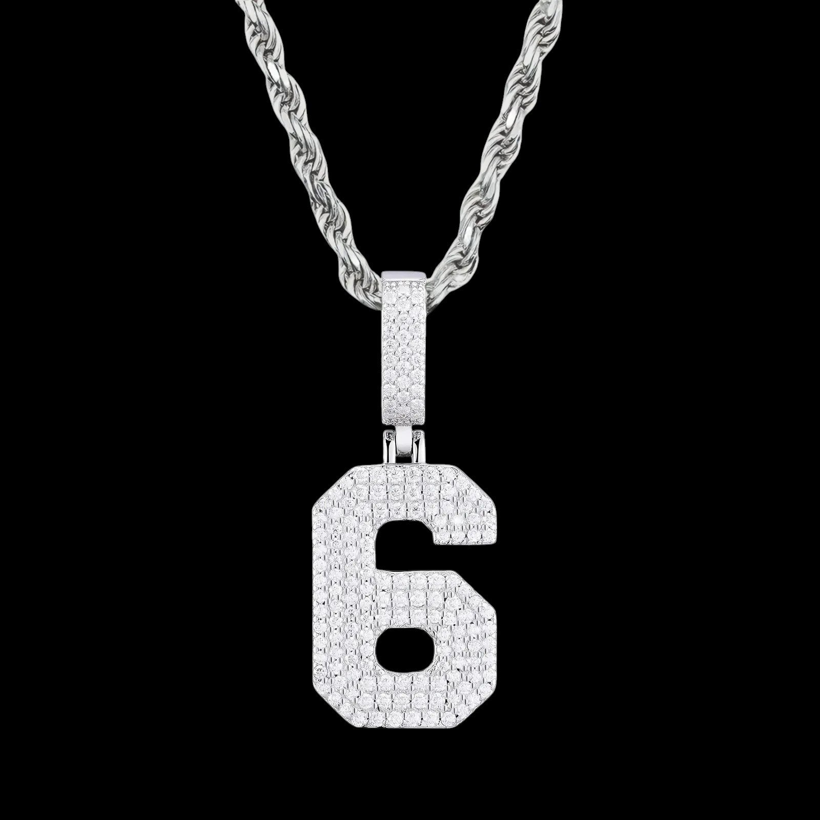Petey's jewelry iced out number 6 pendant necklace in 925 sterling silver with moissanite stones and rope chain.