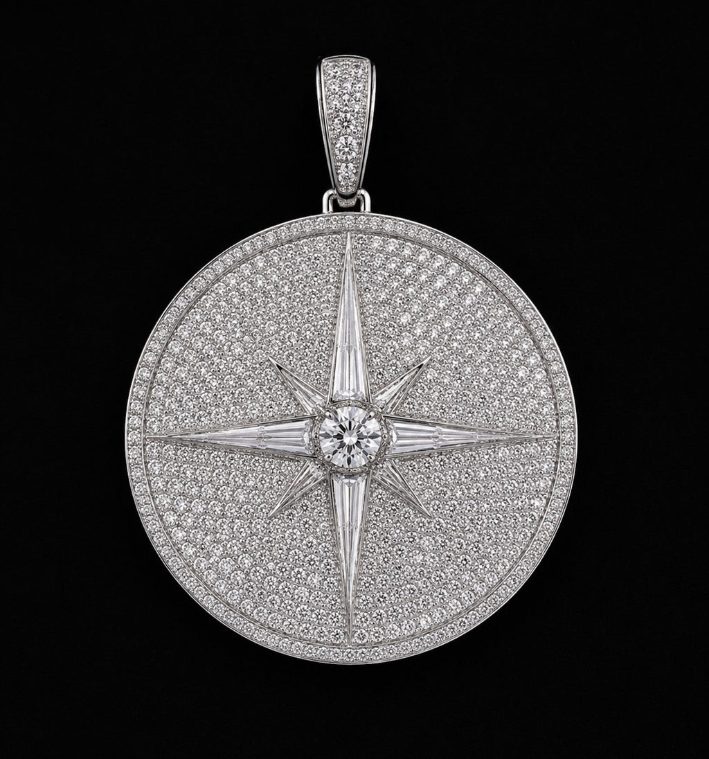 Petey's jewelry iced out round moissanite pendant in 925 sterling silver with a starburst design and pave setting.