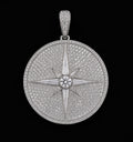 Petey's jewelry iced out round moissanite pendant in 925 sterling silver with a starburst design and pave setting.