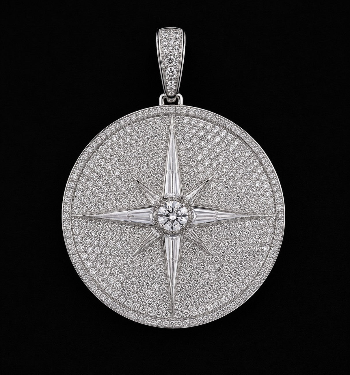 Petey's jewelry iced out round moissanite pendant in 925 sterling silver with a starburst design and pave setting.