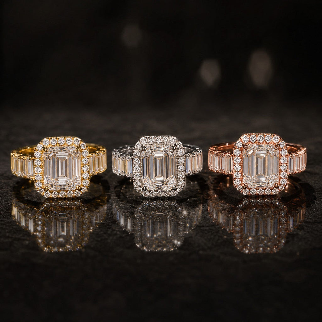 Petey's jewelry luxury women's emerald-cut moissanite engagement ring with halo and baguette side stones in gold, silver, and rose gold.