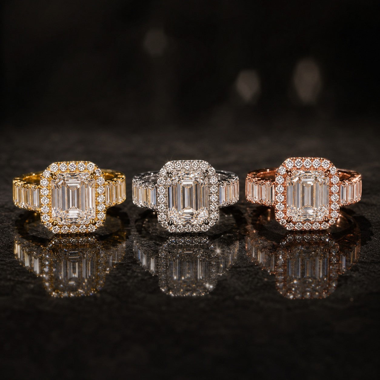 Petey's jewelry luxury women's emerald-cut moissanite engagement ring with halo and baguette side stones in gold, silver, and rose gold.