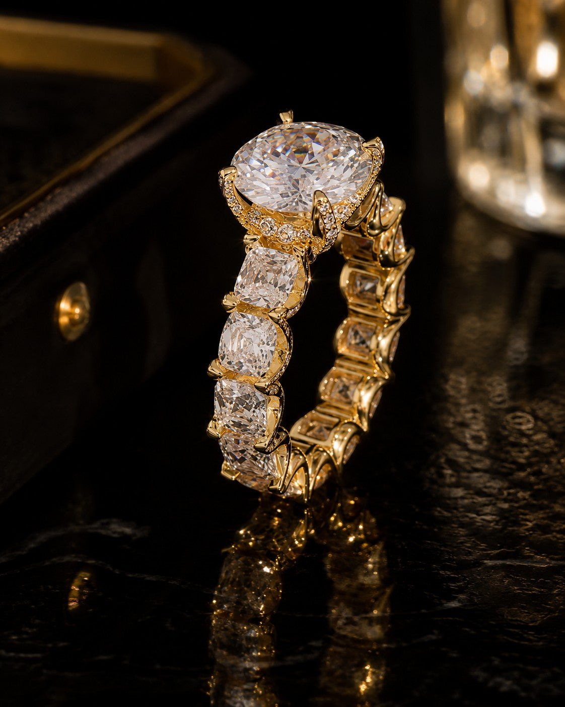 Petey's jewelry luxury women's 925 sterling silver ring with VVS moissanite diamonds, round cut, gold plated, prong setting.