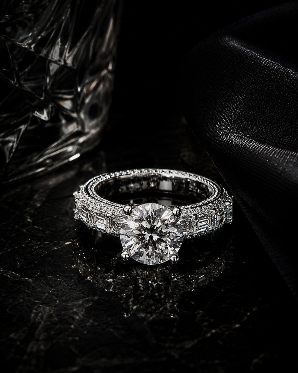Petey's jewelry luxury women's 925 silver ring with VVS moissanite center stone and baguette side stones.