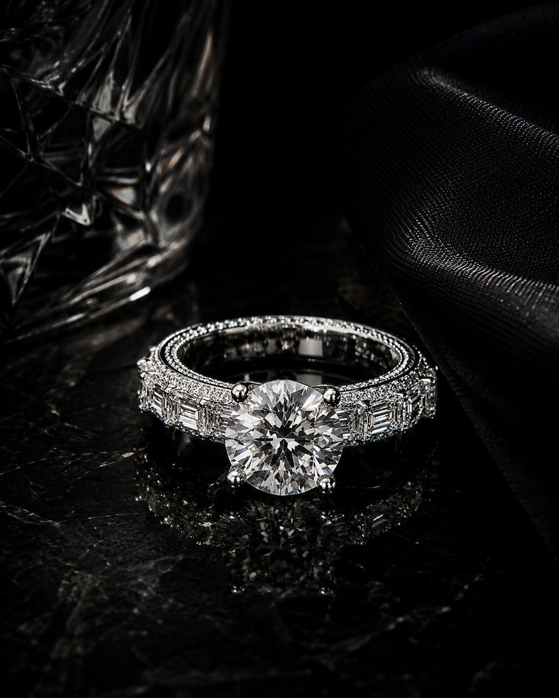 Petey's jewelry luxury women's 925 silver ring with VVS moissanite center stone and baguette side stones.