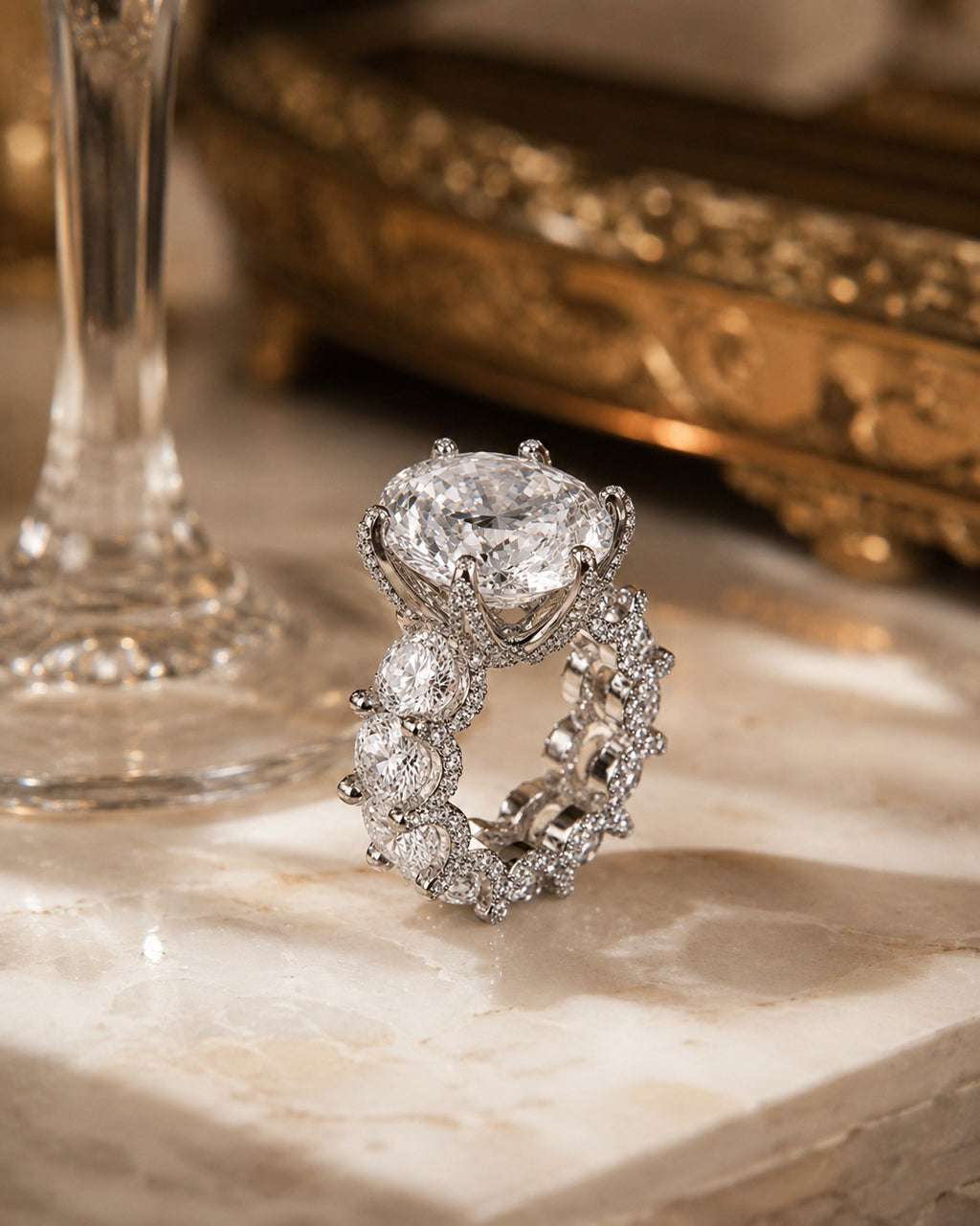 Petey's jewelry luxury women's VVS moissanite ring with round brilliant cut center stone and halo setting on band.