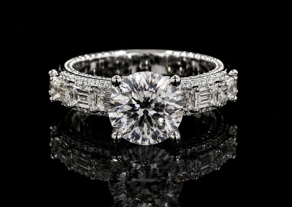 Petey's jewelry luxury women's 925 silver ring with a large round VVS moissanite center stone and baguette & round diamond accents.