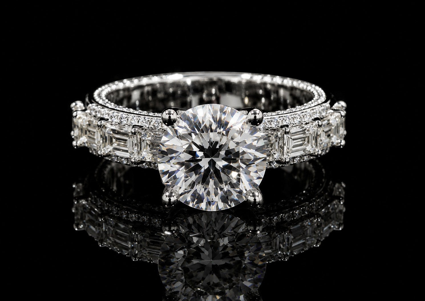 Petey's jewelry luxury women's 925 silver ring with a large round VVS moissanite center stone and baguette & round diamond accents.
