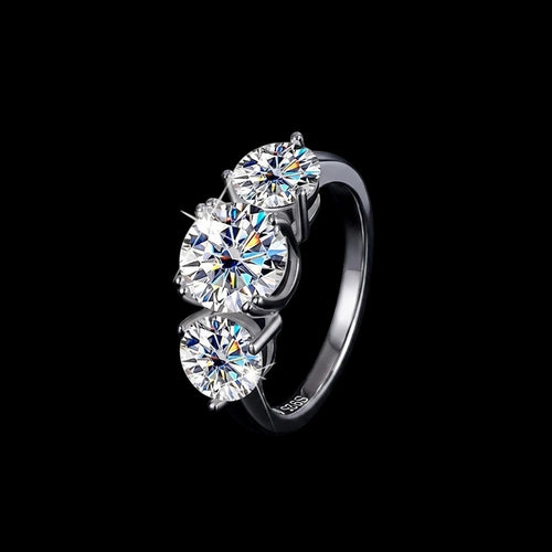 Petey's jewelry three-stone moissanite ring in sterling silver, 4CT round brilliant cut stones, white gold color.