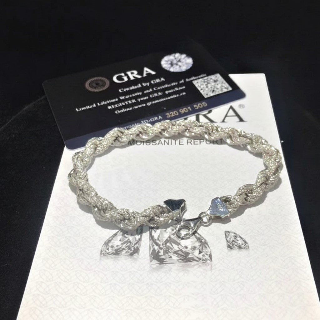Petey's jewelry iced out moissanite rope chain bracelet in 925 sterling silver with GRA certification card.