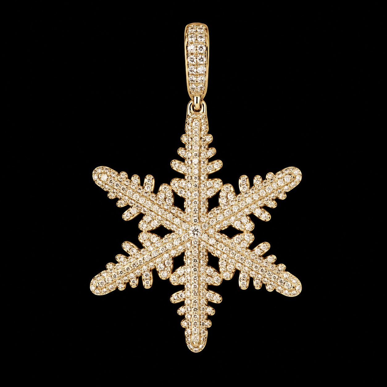 Petey's jewelry iced out gold-plated 925 sterling silver snowflake pendant with sparkling VVS D moissanite stones.