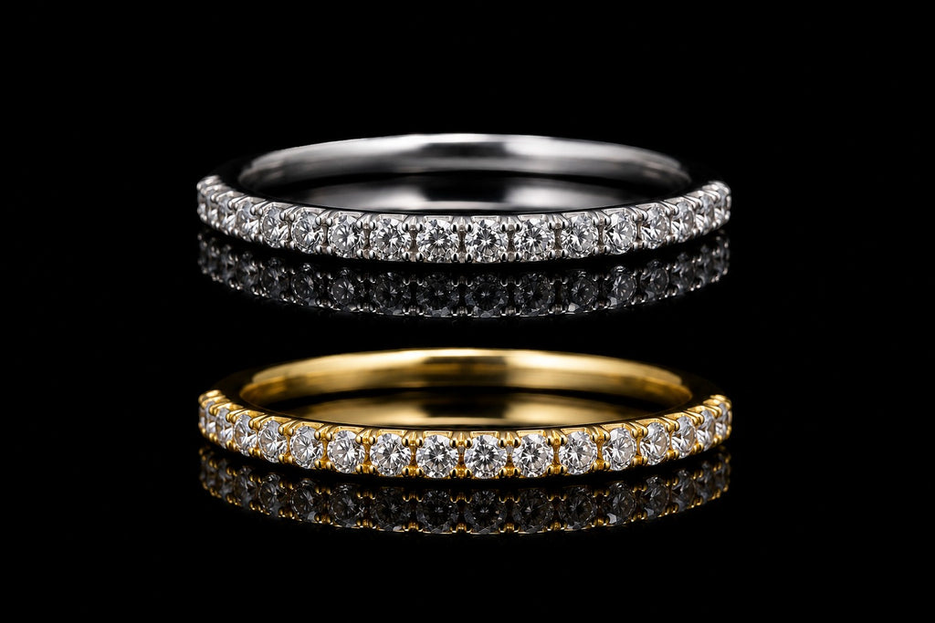 Petey's jewelry minimalist stackable rings in silver and gold with round brilliant cut moissanite stones.