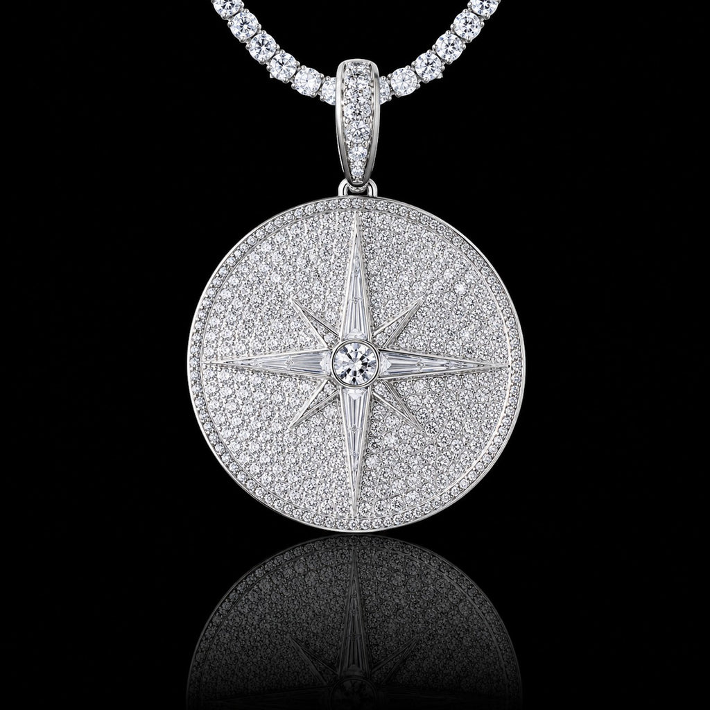 Petey's jewelry iced out round moissanite pendant featuring a starburst design in 925 sterling silver.