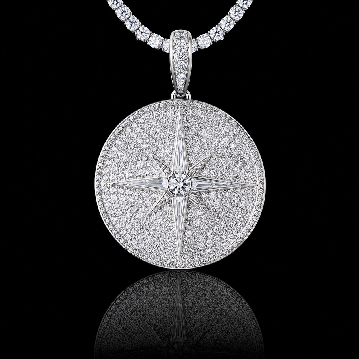 Petey's jewelry iced out round moissanite pendant featuring a starburst design in 925 sterling silver.