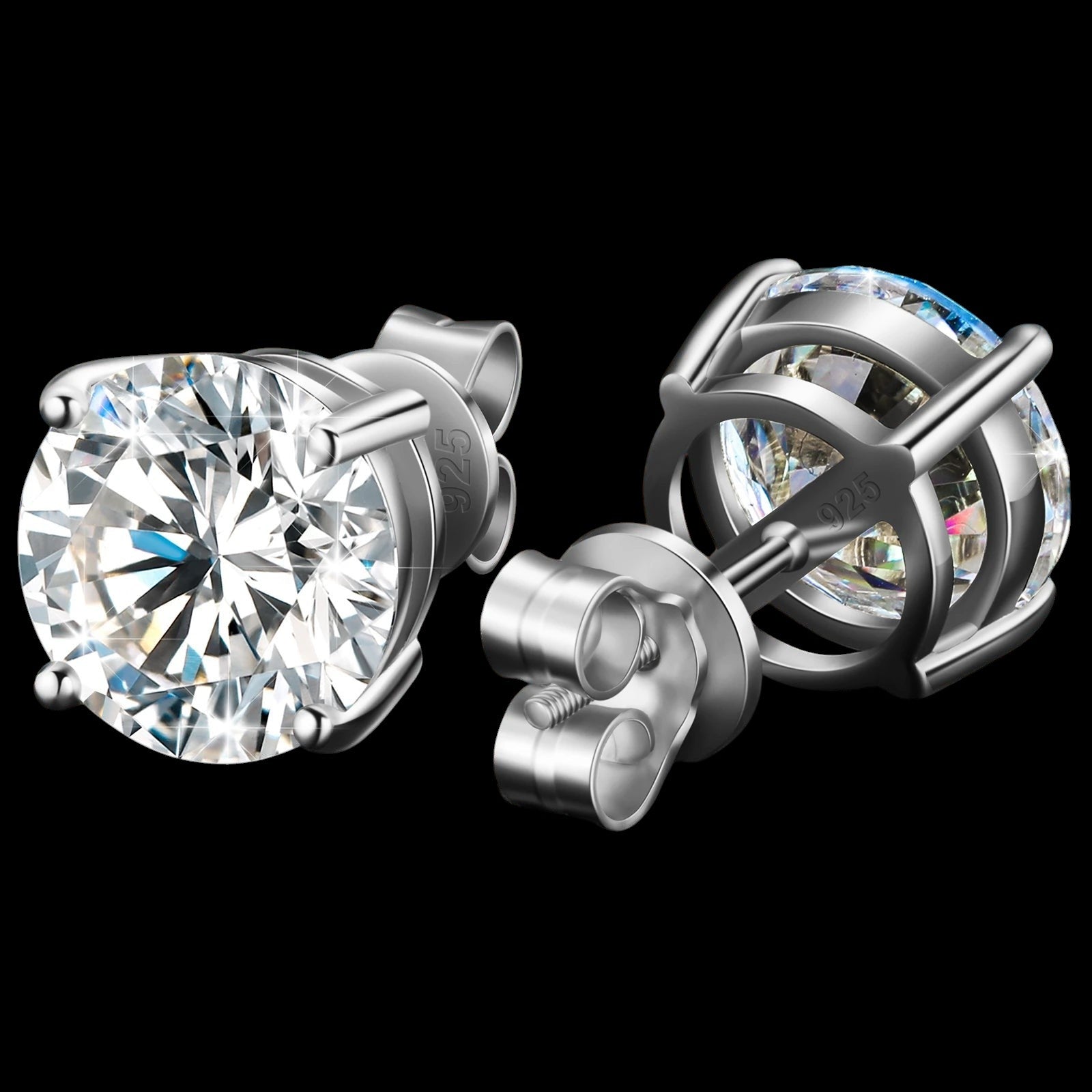 Petey's jewelry round brilliant cut VVS moissanite stud earrings in 925 sterling silver with secure screw backs.