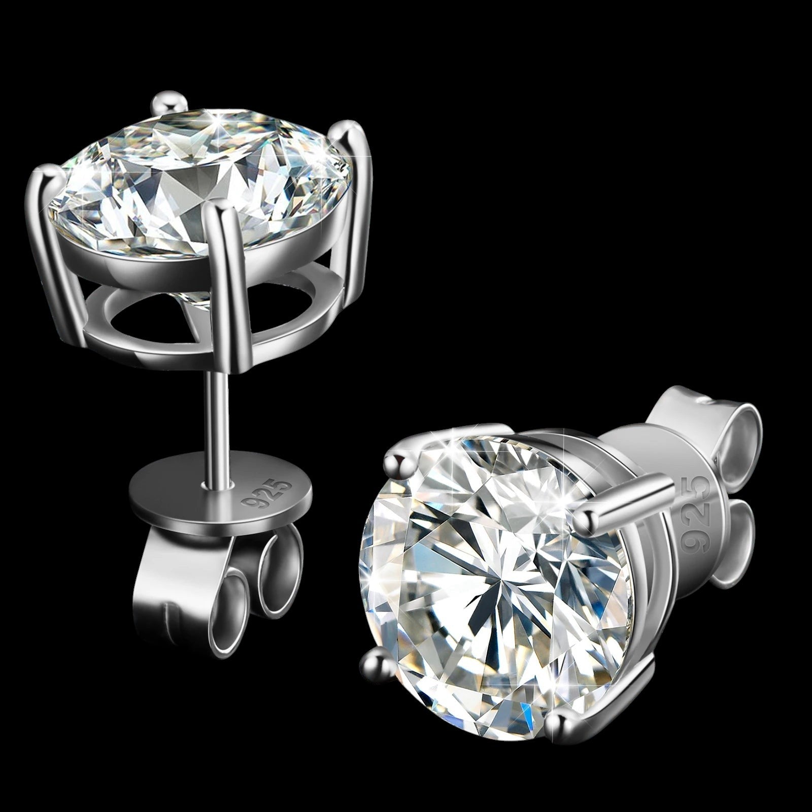 Petey's jewelry round brilliant cut VVS moissanite stud earrings in 925 sterling silver with a secure screw back.