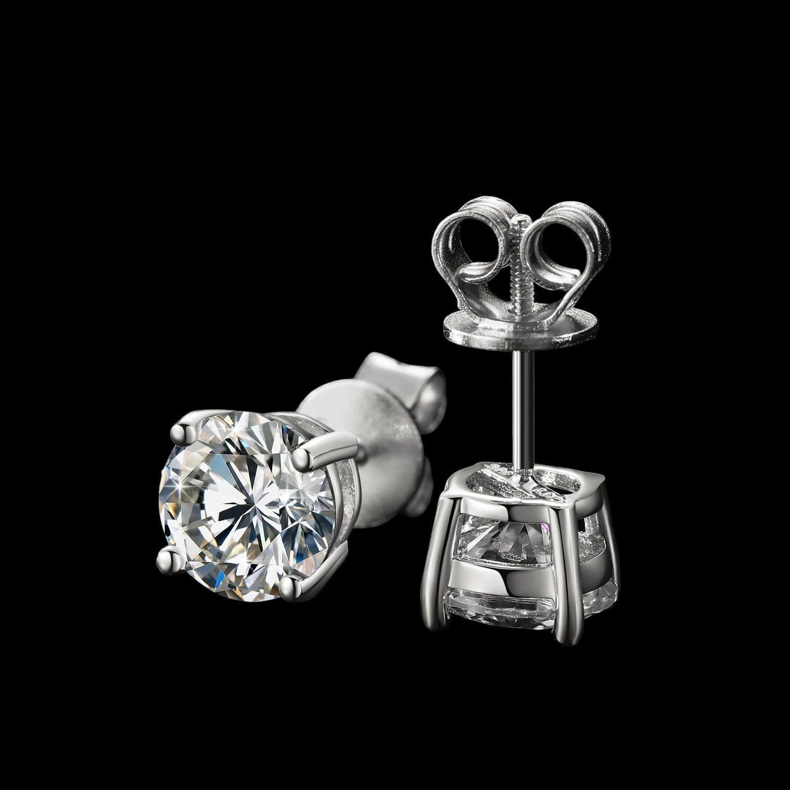 Petey's jewelry round brilliant cut VVS moissanite stud earrings in 925 sterling silver with secure screw backs.