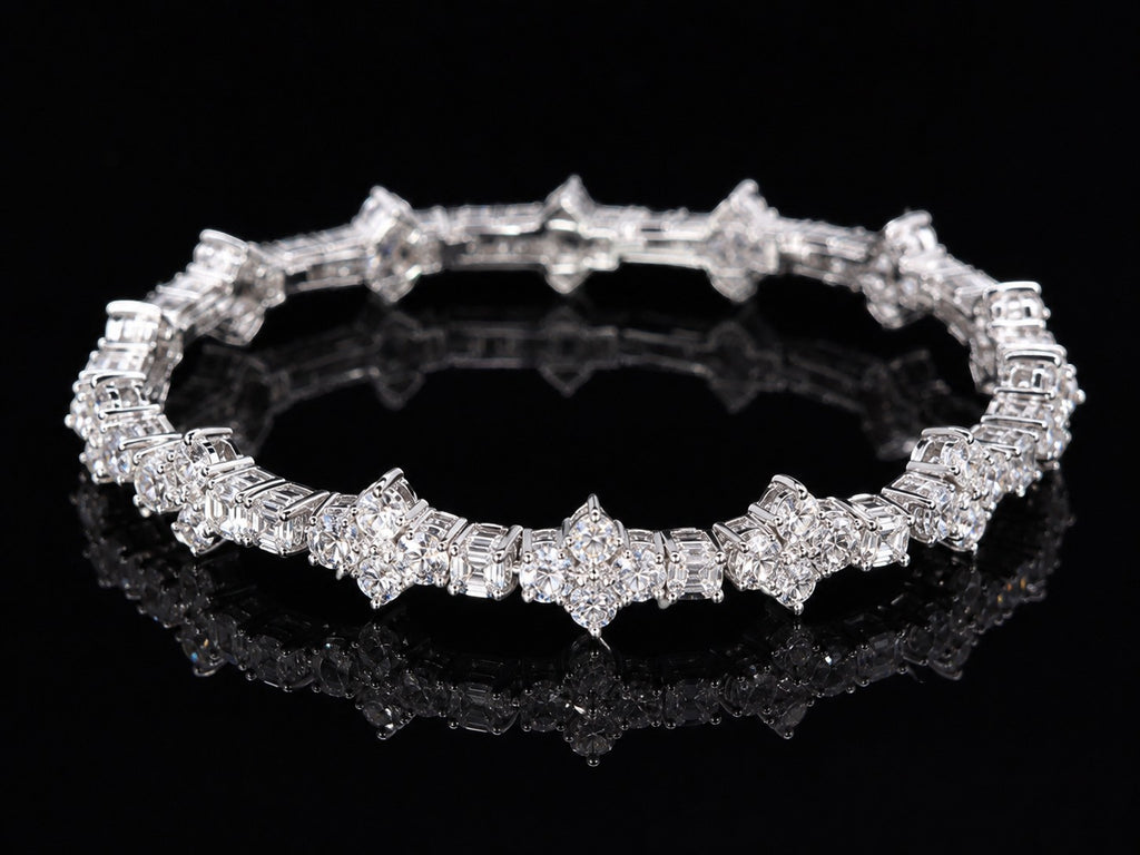 Petey's jewelry 925 sterling silver tennis chain featuring round cut VVS1 moissanite stones in a rhodium-plated setting.