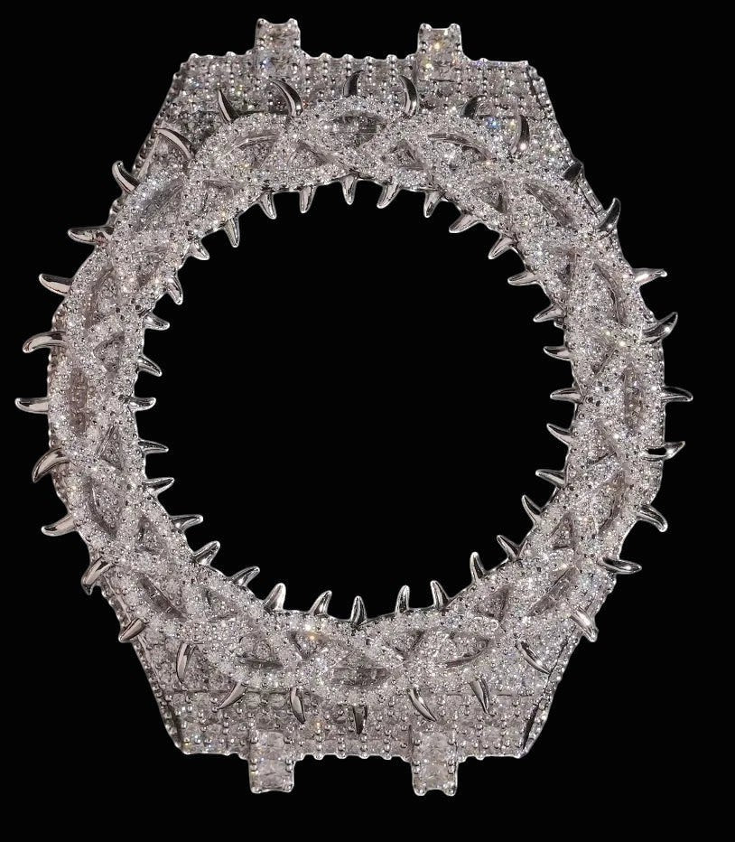 Petey's jewelry Moissanite GA-2100 G-Shock watch bezel case with spiked crown, fully iced out with VVS moissanite stones.