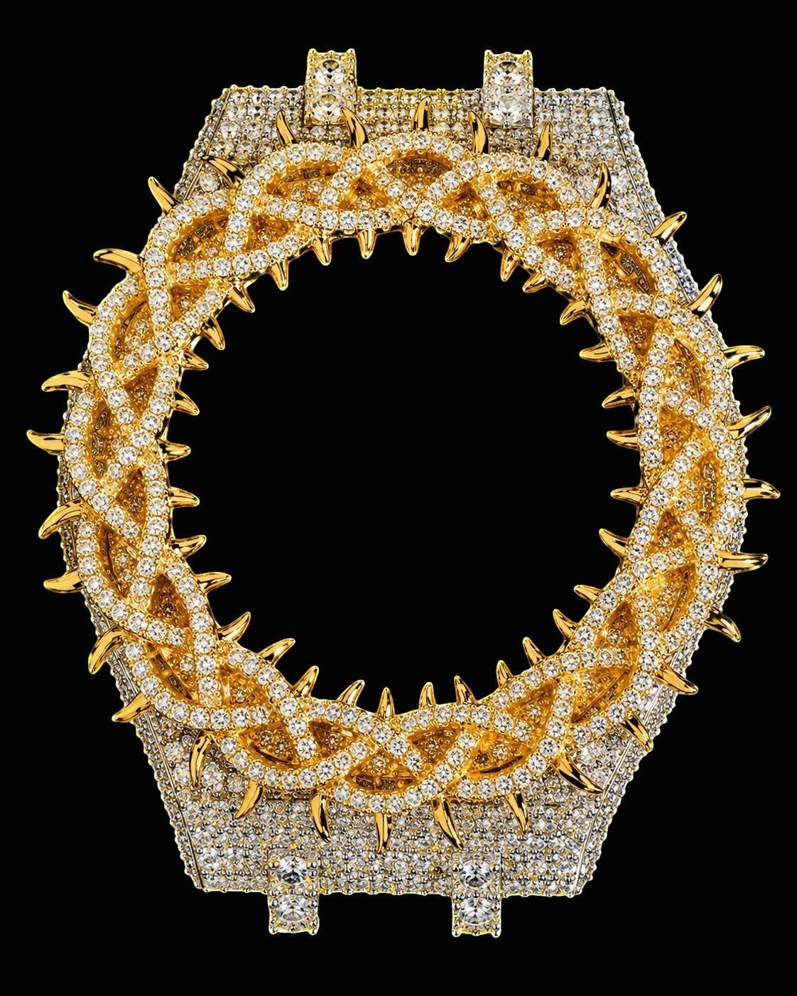 Petey's jewelry gold moissanite watch bezel case with spiked crown design and Arabic numerals, fully iced out with VVS stones.