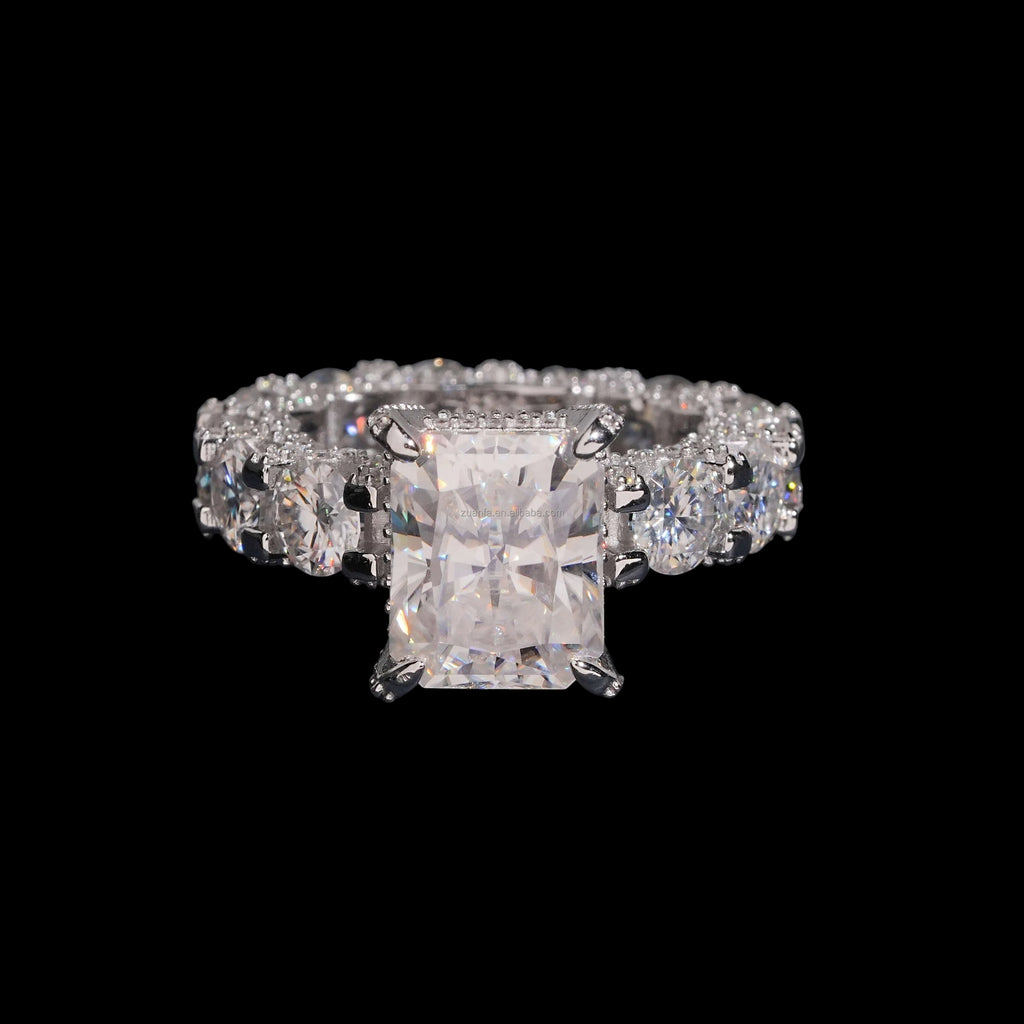 Petey's Jewelry radiant cut moissanite engagement ring in sterling silver with pave band