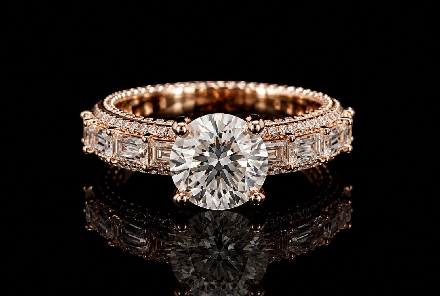 Petey's jewelry rose gold ring with large round VVS moissanite center stone and baguette side stones.