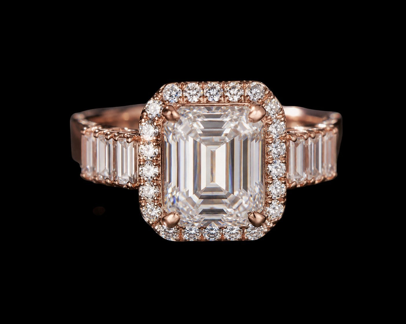 Petey's jewelry rose gold ring with emerald-cut moissanite center stone and halo of small diamonds.
