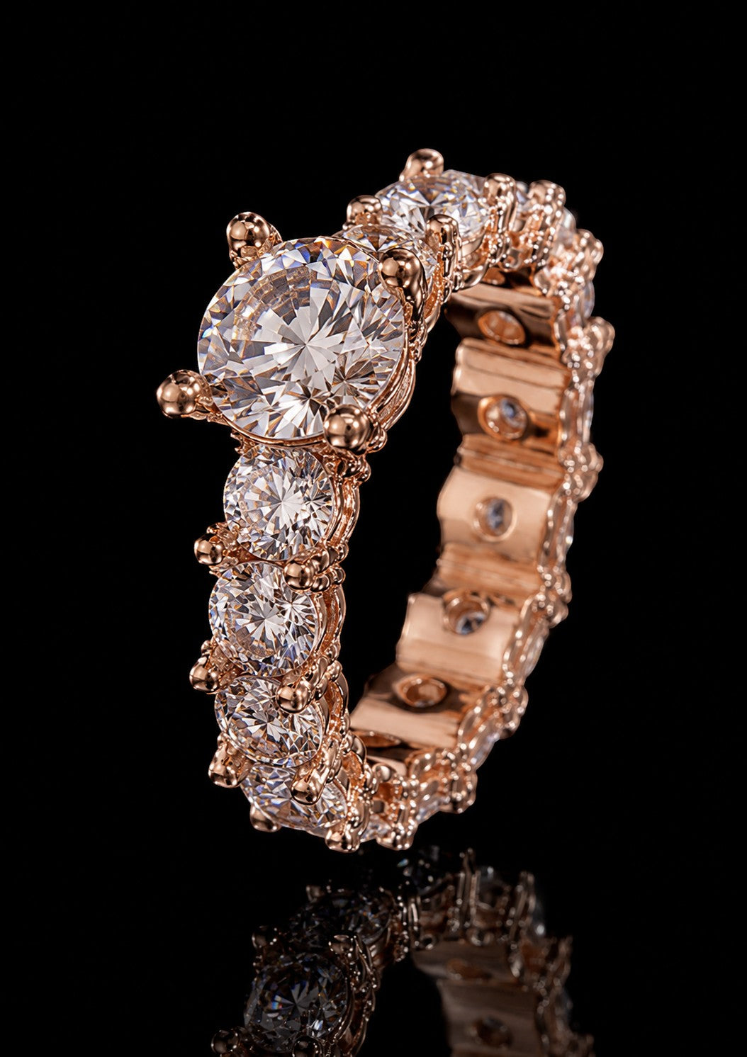 Petey's jewelry rose gold 925 sterling silver ring with VVS moissanite stones, round brilliant cut, claw setting.