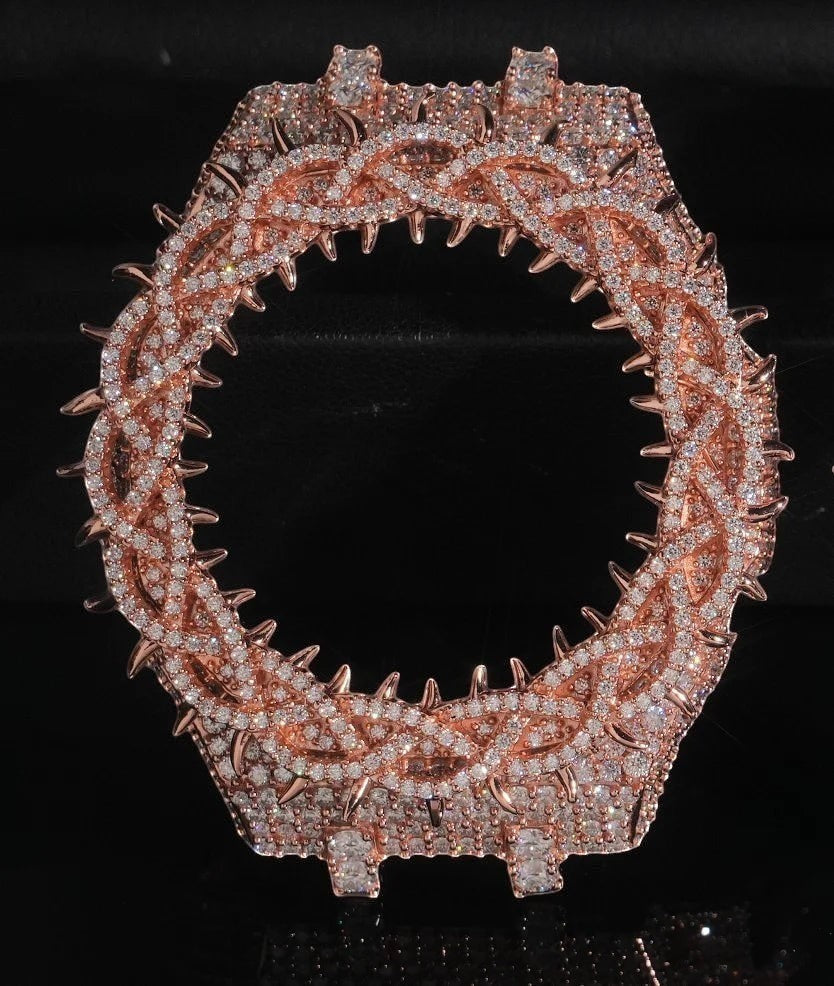 Petey's jewelry rose gold moissanite watch bezel case with spiked crown design and VVS stones.