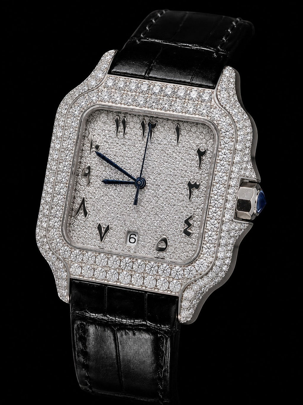 Petey's jewelry silver moissanite watch with black band and Arabic numerals on a diamond-encrusted face.