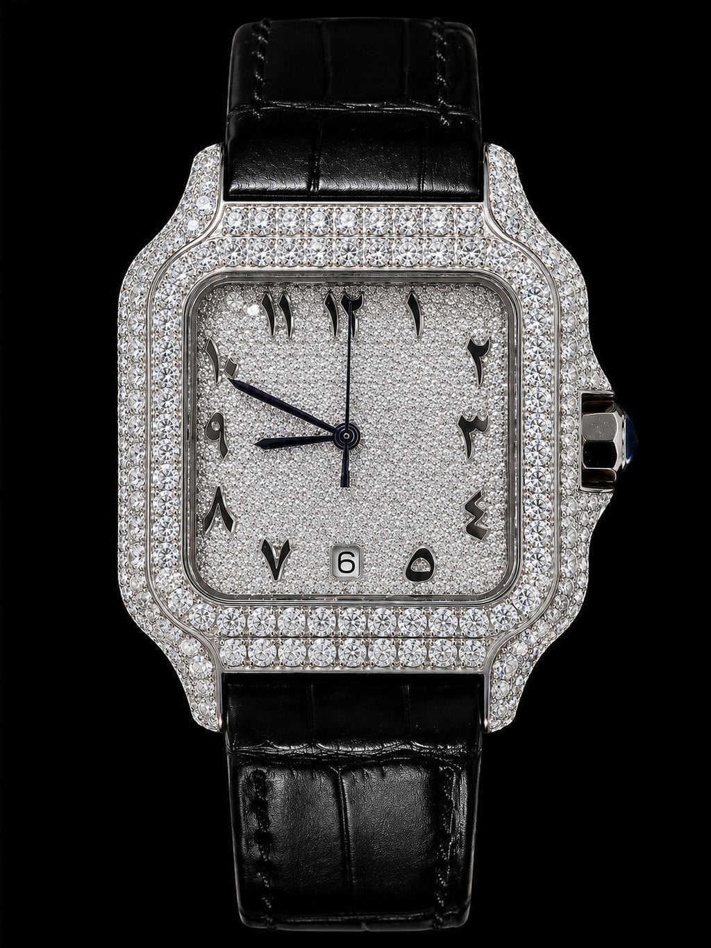 Petey's jewelry Silver Arabic Moissanite Watch with black band, fully iced out with VVS moissanite stones and colorful Arabic numerals.
