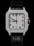 Petey's jewelry Silver Arabic Moissanite Watch with black band, fully iced out with VVS moissanite stones and colorful Arabic numerals.