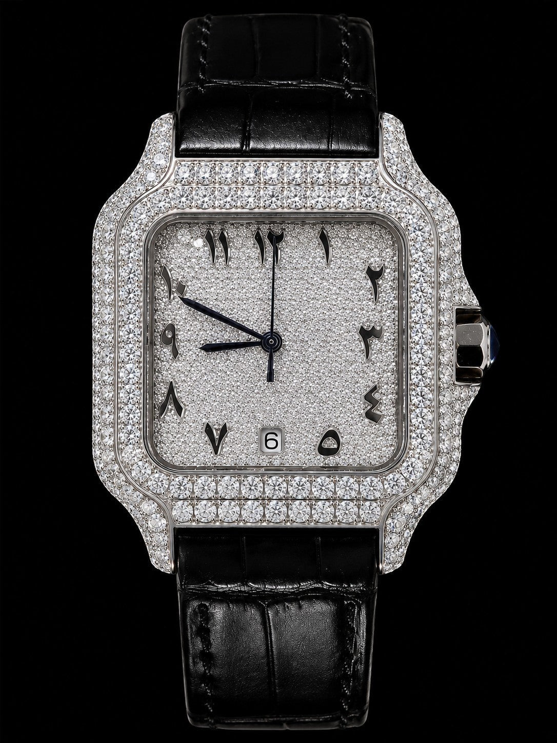 Petey's jewelry Silver Arabic Moissanite Watch with black band, fully iced out with VVS moissanite stones and colorful Arabic numerals.