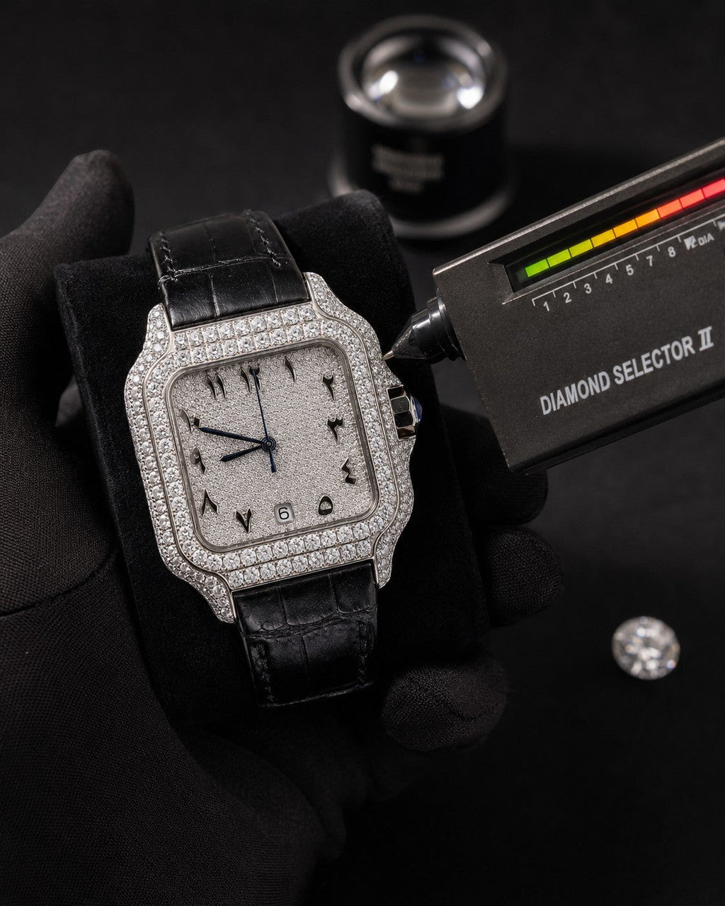 Petey's jewelry silver moissanite watch with black band, Arabic numerals, and diamond-encrusted bezel. Diamond tester in use.