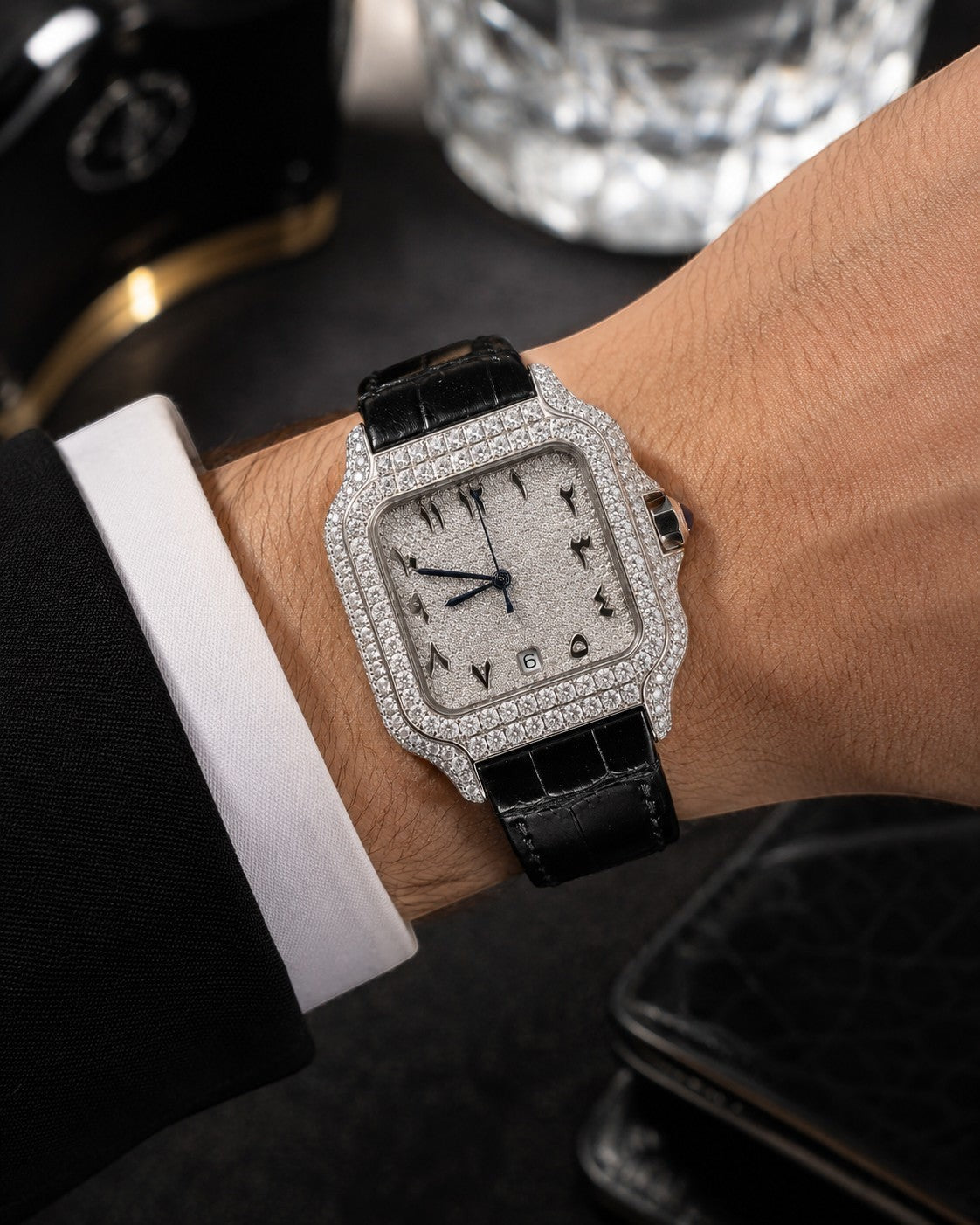 Petey's jewelry silver moissanite watch with black band and Arabic numerals, fully iced out with VVS stones.