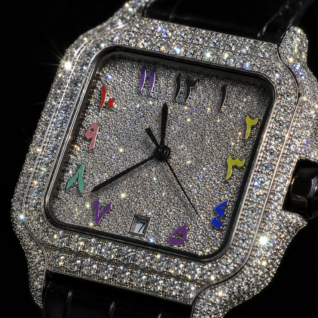 Petey's jewelry Silver Arabic Moissanite Rainbow Watch with black band, fully iced out with VVS moissanite stones and colorful Arabic numerals.