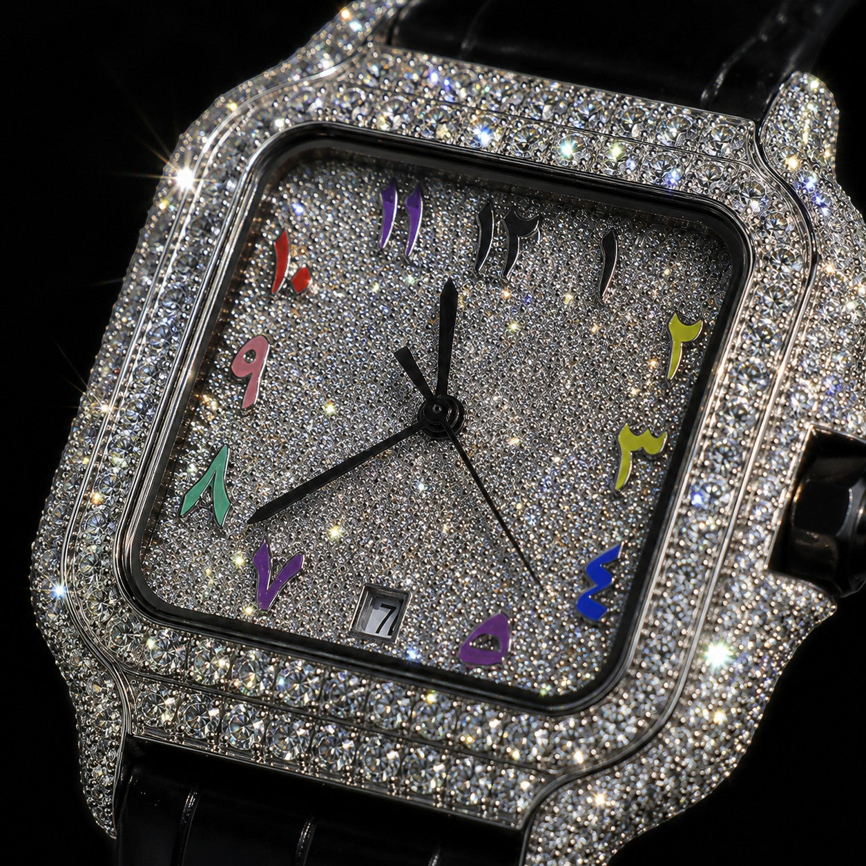 Petey's jewelry Silver Arabic Moissanite Rainbow Watch with black band, fully iced out with VVS moissanite stones and colorful Arabic numerals.