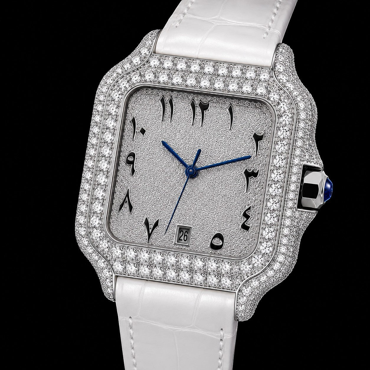 Petey's jewelry Silver Arabic Moissanite Watch with white band, fully iced-out with VVS moissanite stones and colorful Arabic numerals.