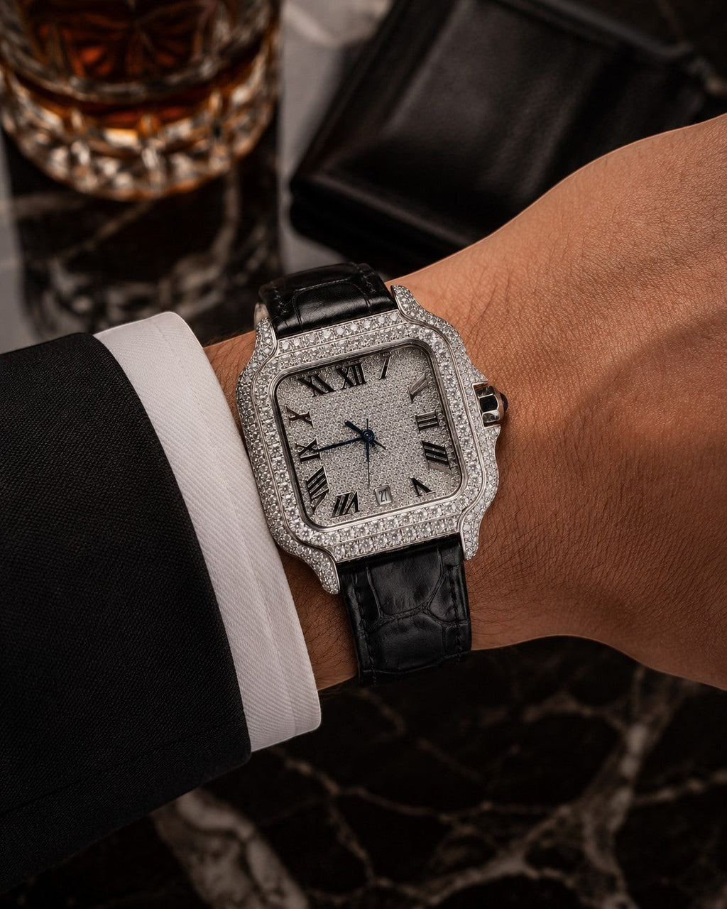 Petey's jewelry silver moissanite iced-out square watch with black band and Roman numerals.