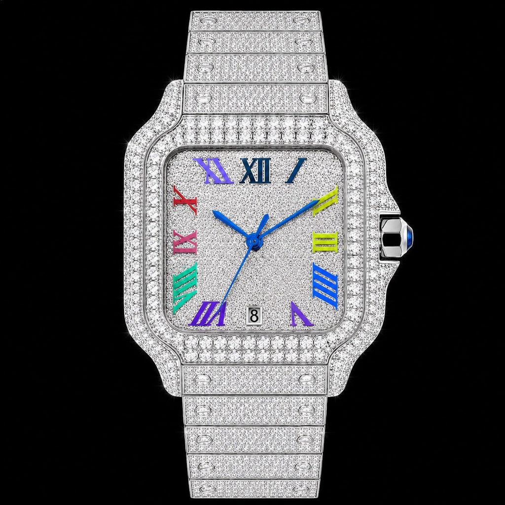 Petey's jewelry Silver Moissanite Rainbow Square Watch with diamond-encrusted bezel and colorful Roman numerals.