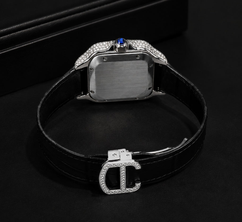 Petey's jewelry Silver moissanite iced-out square watch with colorful Arabic numerals and black band. VVS moissanite stones.