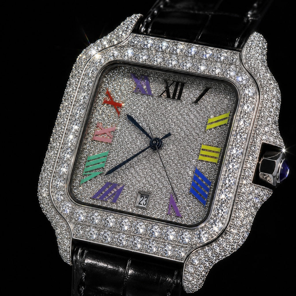 Petey's jewelry Silver moissanite iced-out square watch with colorful Arabic numerals and black band.