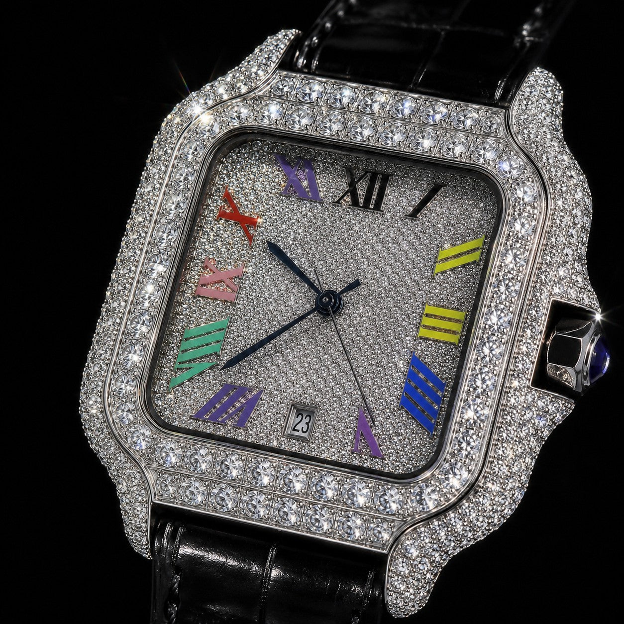Petey's jewelry Silver moissanite iced-out square watch with colorful Arabic numerals and black band.