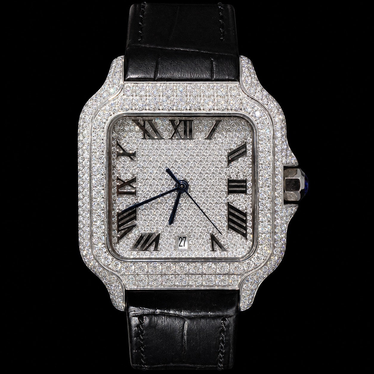 Petey's jewelry Silver moissanite iced-out square watch with black band and Roman numerals. Passes diamond tester.