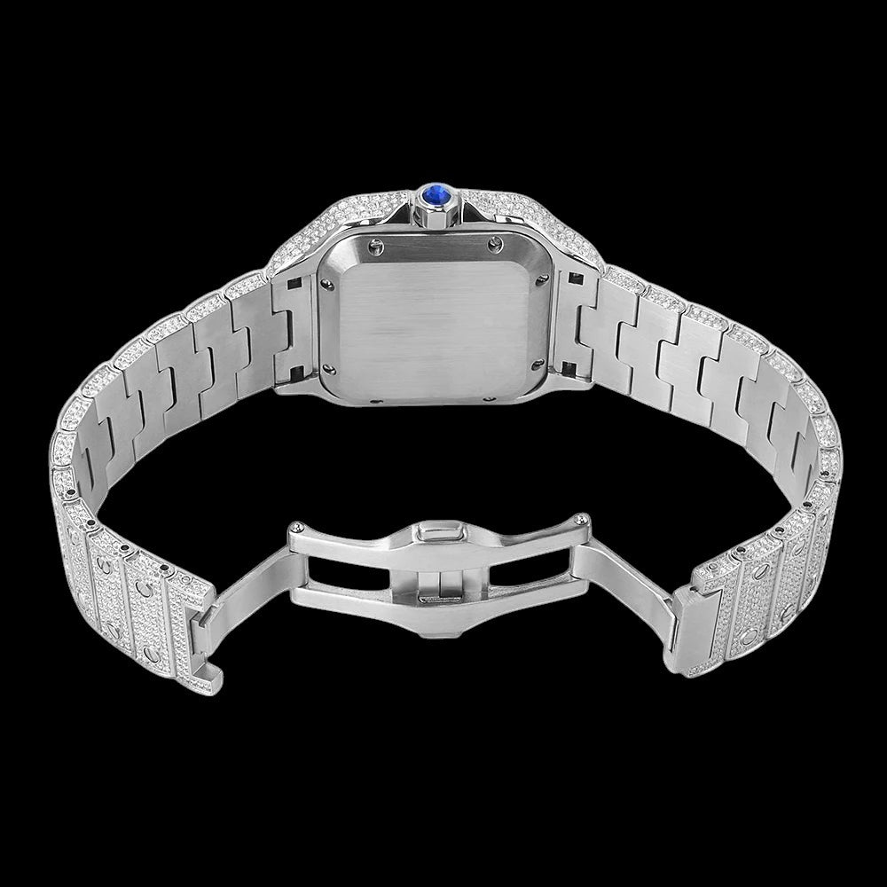 Petey's jewelry silver moissanite watch with diamond-encrusted bezel and band, blue gem crown.