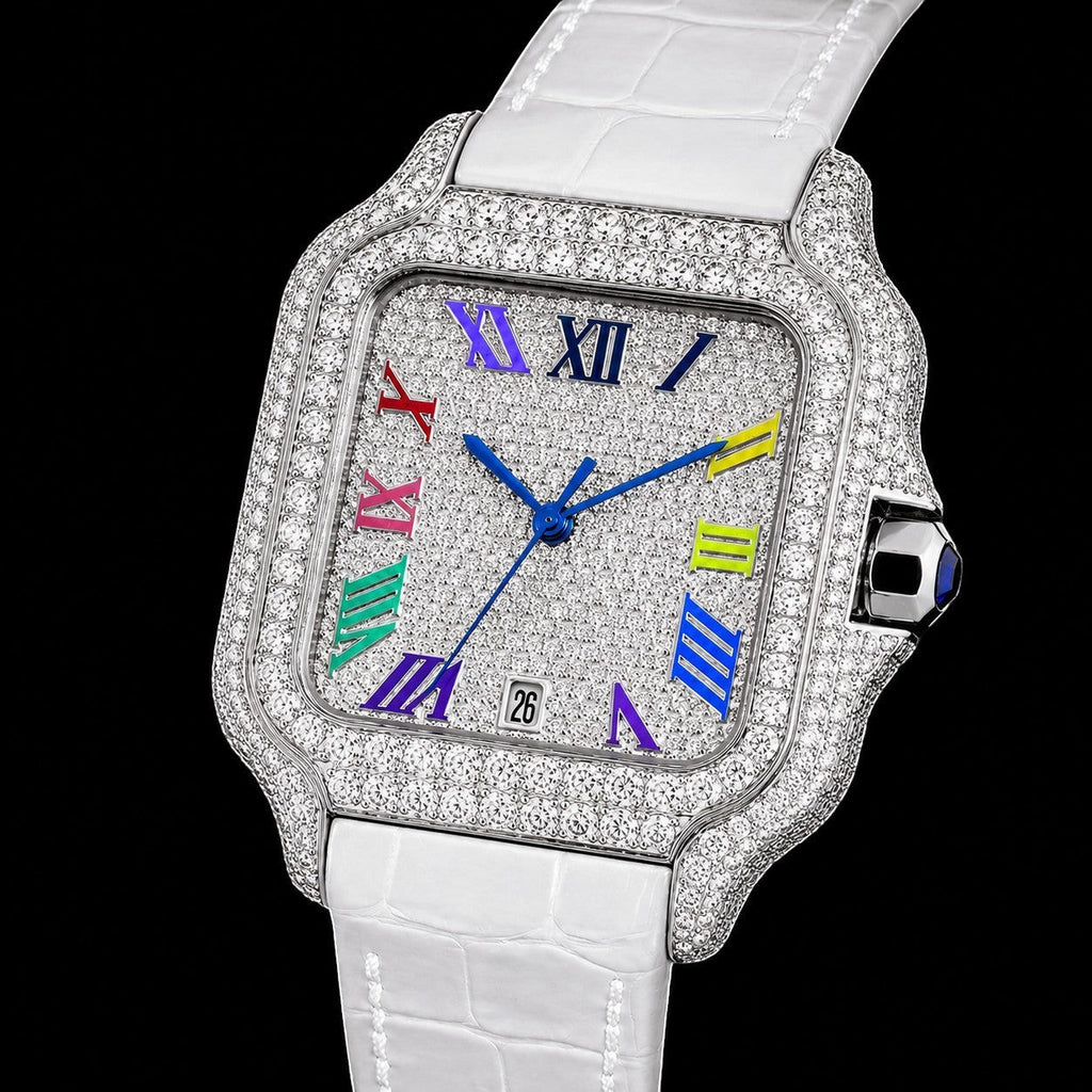 Petey's jewelry Silver moissanite iced-out square watch with colorful Arabic numerals and white band.
